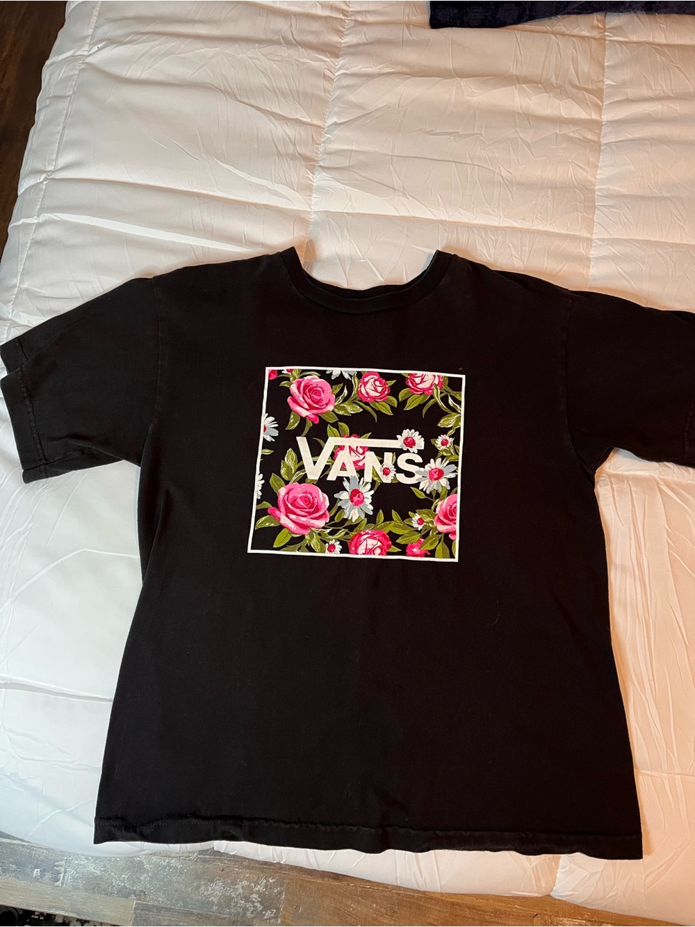 Vans Kids Black Tee with Pink Floral Logo Box Sz XL